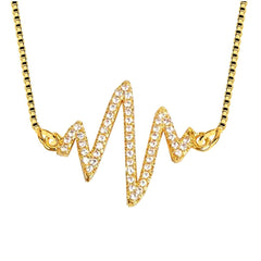 Lightning Heartbeat Lifeline Pulse Cardiogram Gold Cubic Zirconia Necklace Pendant Charm Chain