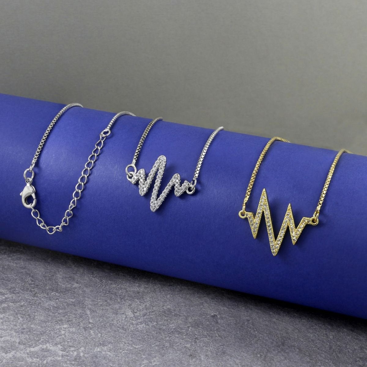 Lightning Heartbeat Lifeline Pulse Cardiogram Gold Cubic Zirconia Necklace Pendant Charm Chain