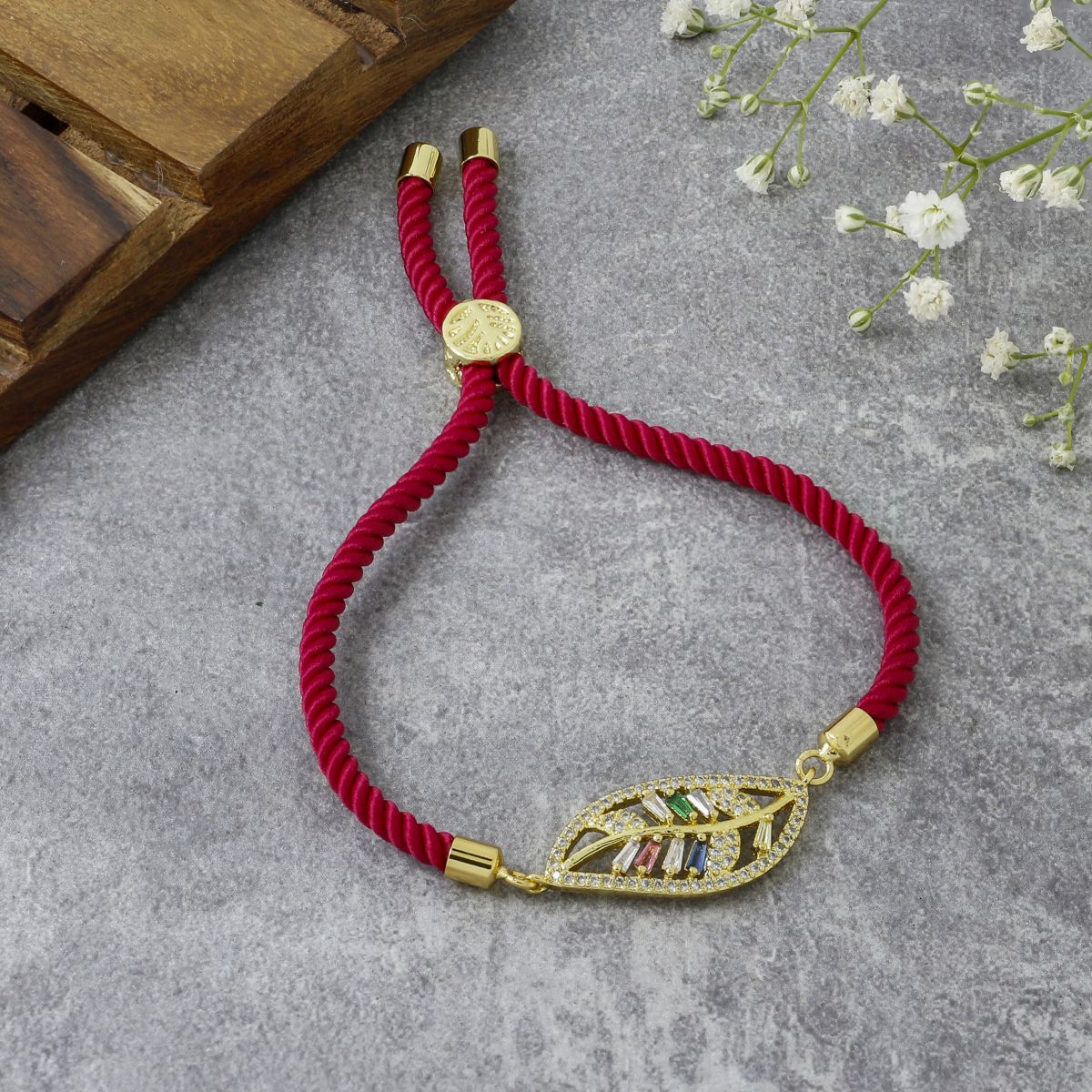 Leaf Petal Floral Gold Pink Cubic Zirconia Adjustable Thread Bracelet