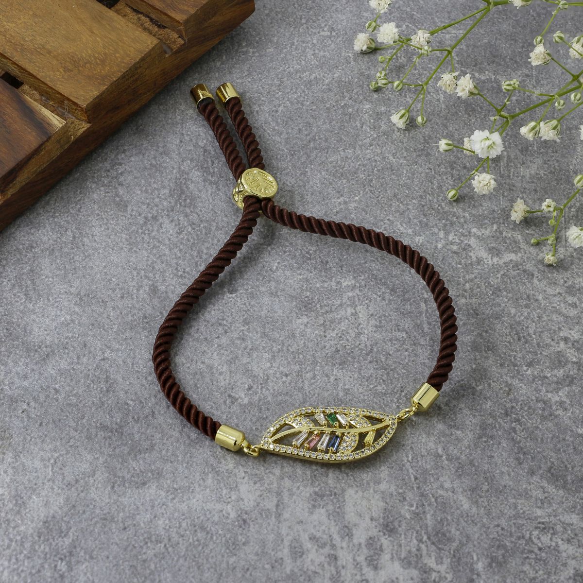 Leaf Petal Floral Gold Brown Cubic Zirconia Adjustable Thread Bracelet