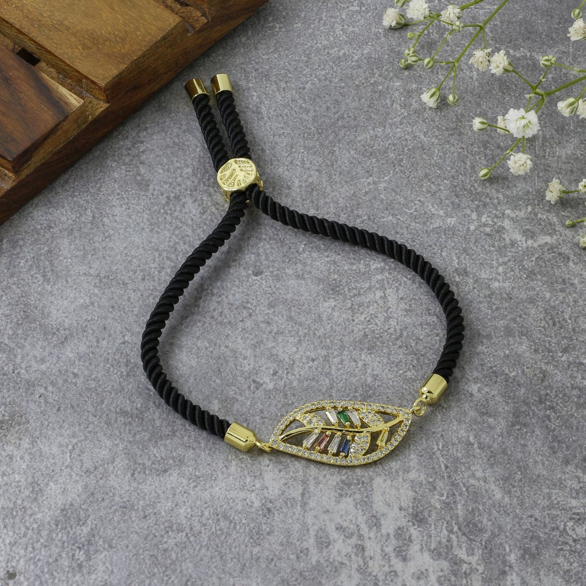 Leaf Petal Floral Gold Black CZ Adjustable Thread Bracelet