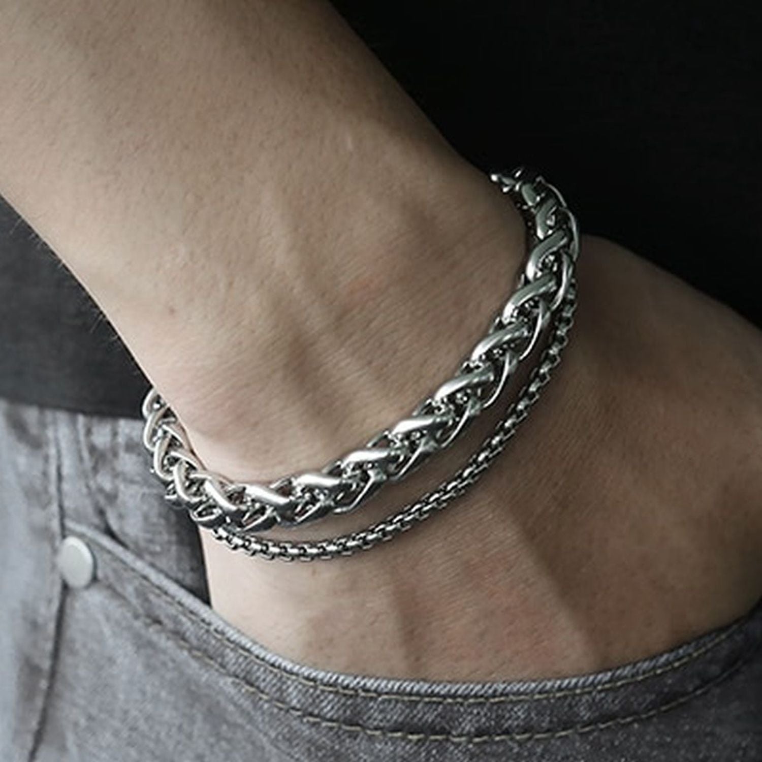 Layered Wrist Black Stainless Steel Spiga Popcorn Chain Bracelet Men