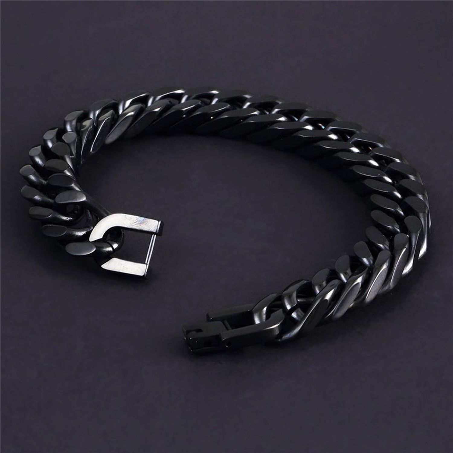 Glossy Black Curb Cuban 316L Stainless Steel Bracelet For Men