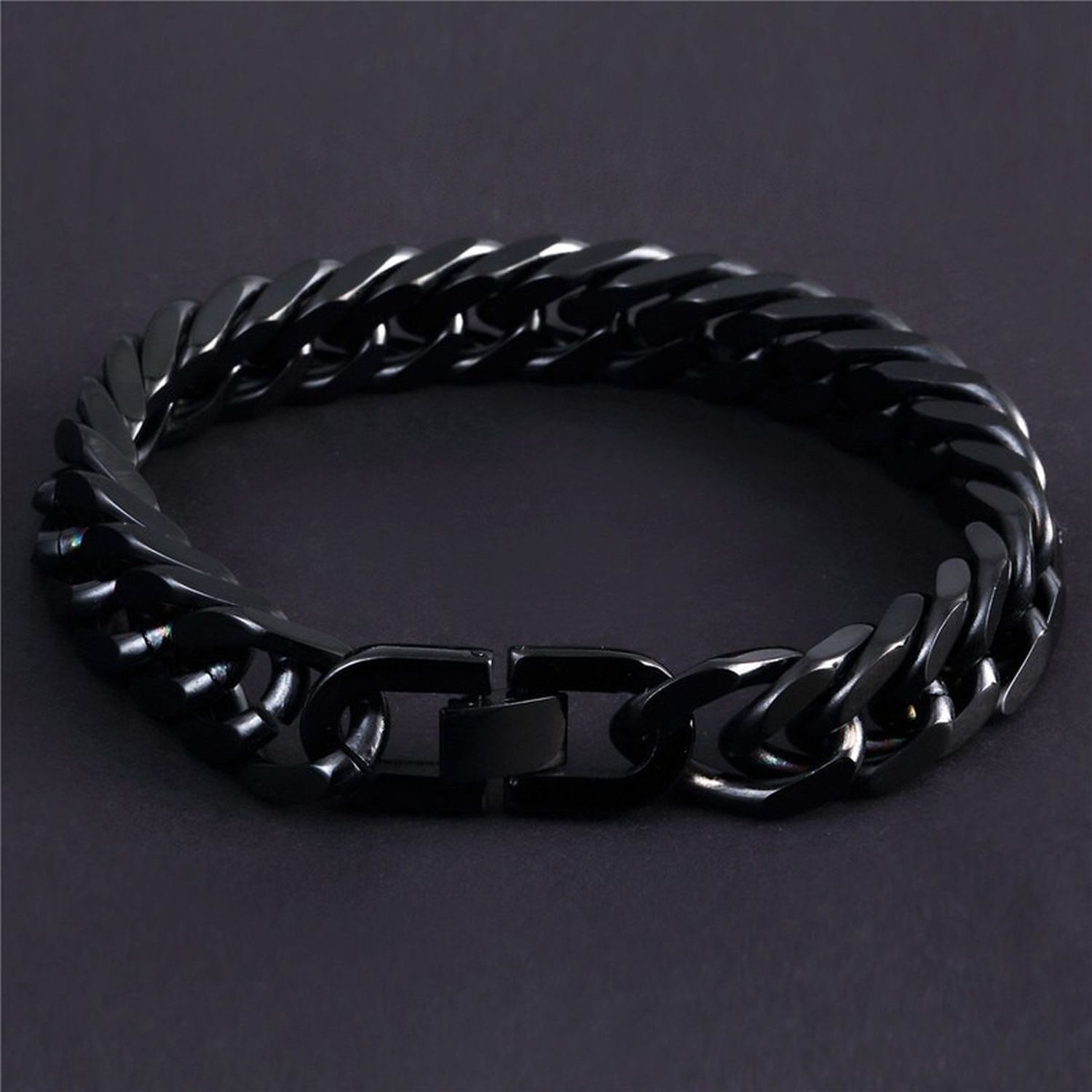 Glossy Black Curb Cuban 316L Stainless Steel Bracelet For Men