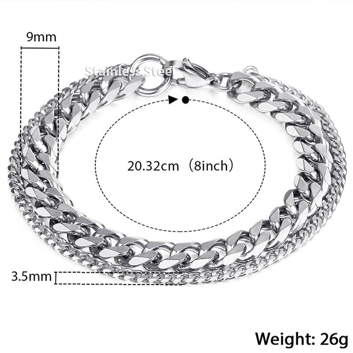 Layered Silver 316L Stainless Steel Curb Popcorn Chain Bracelet Men