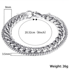 Layered Silver 316L Stainless Steel Curb Popcorn Chain Bracelet Men