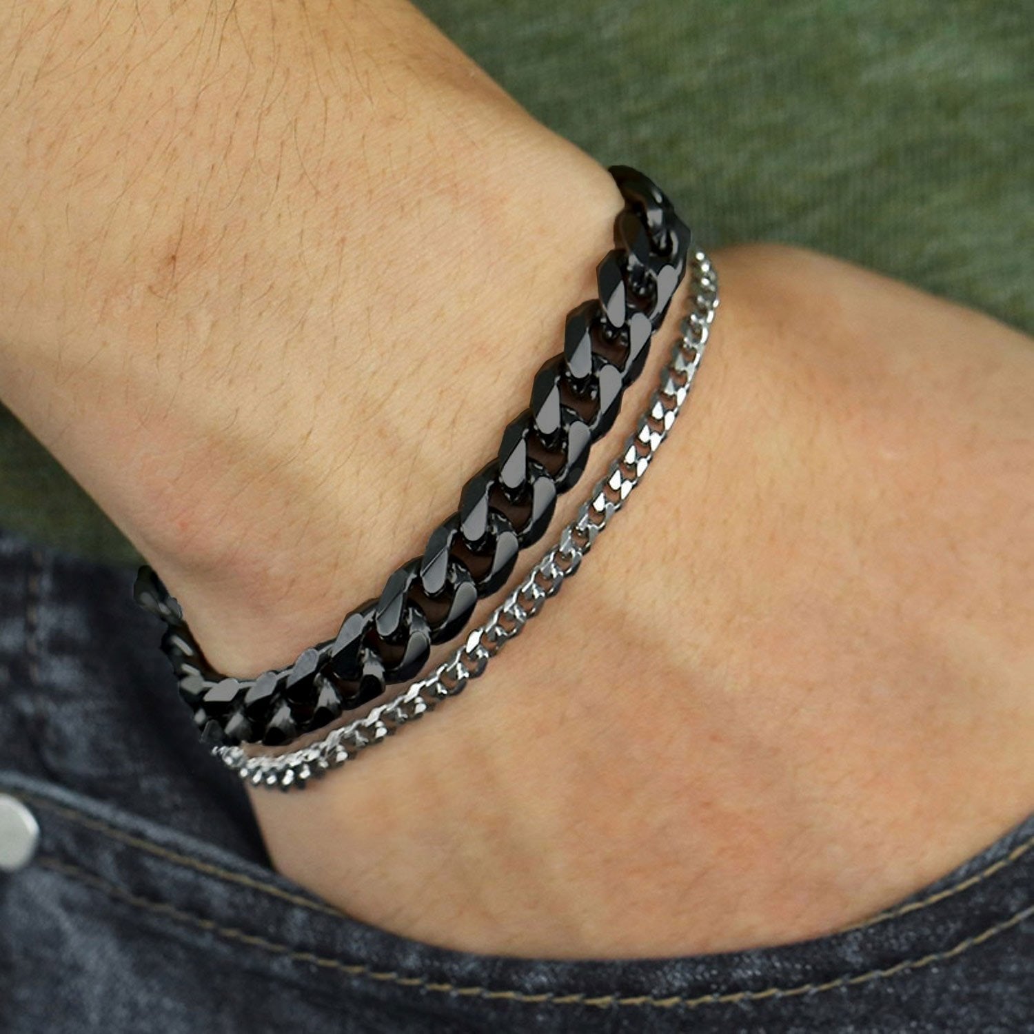 Double Layered Black Silver 316L Stainless Steel Curb Chain Bracelet