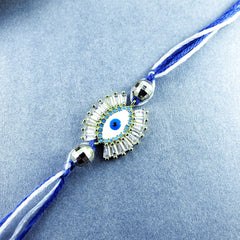 Evil Eye Blue Silver Cubic Zirconia Thread Rakhi For Men
