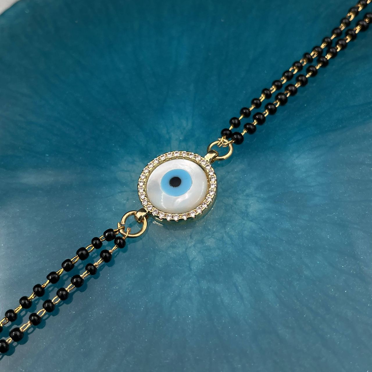 Evil Eye Nazariya Mother Of Pearl Zircon American Diamond Charm Hand Haath Mangalsutra Bracelet For Women