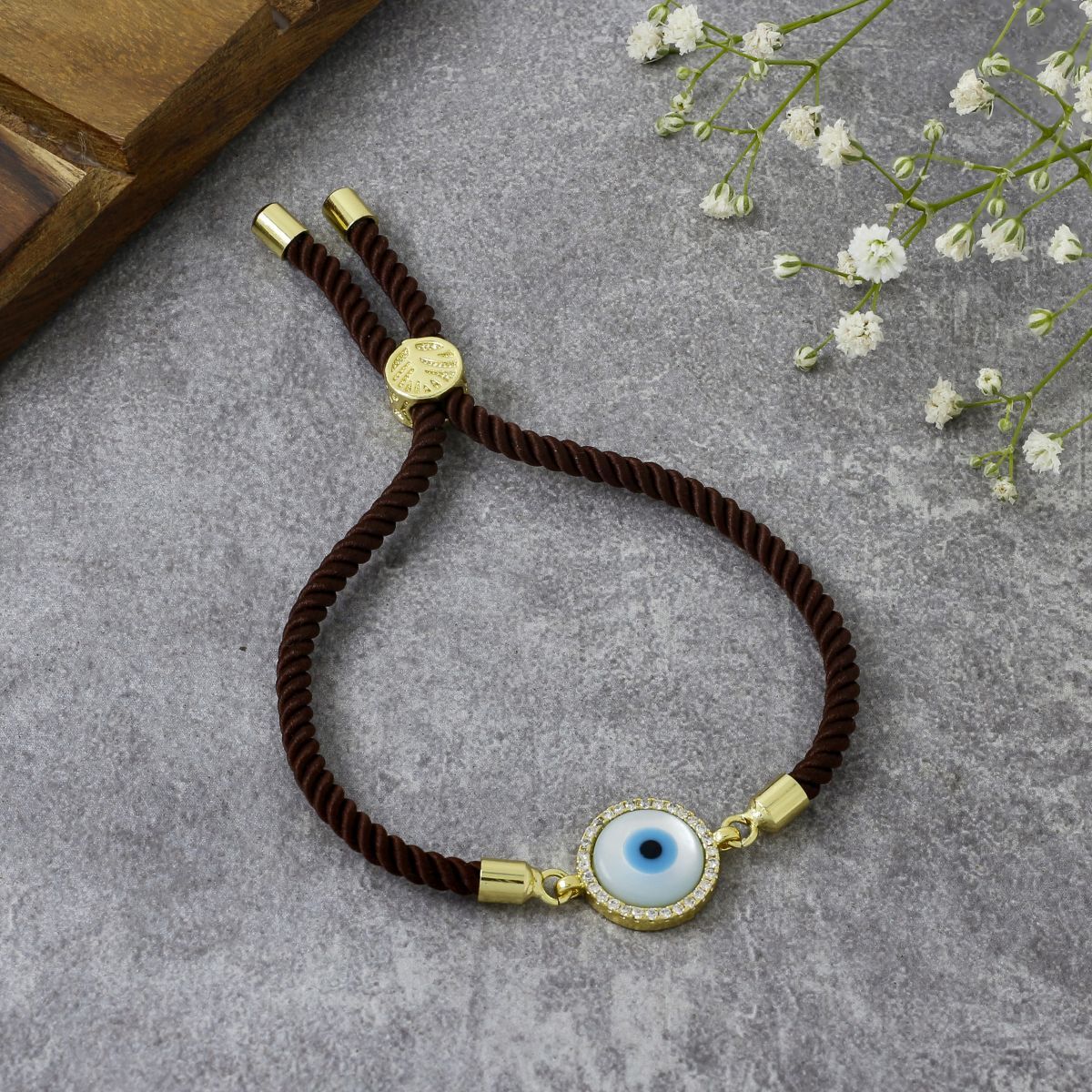 Turkish Evil Eye Baguette Gold Brown CZ Thread Bracelet