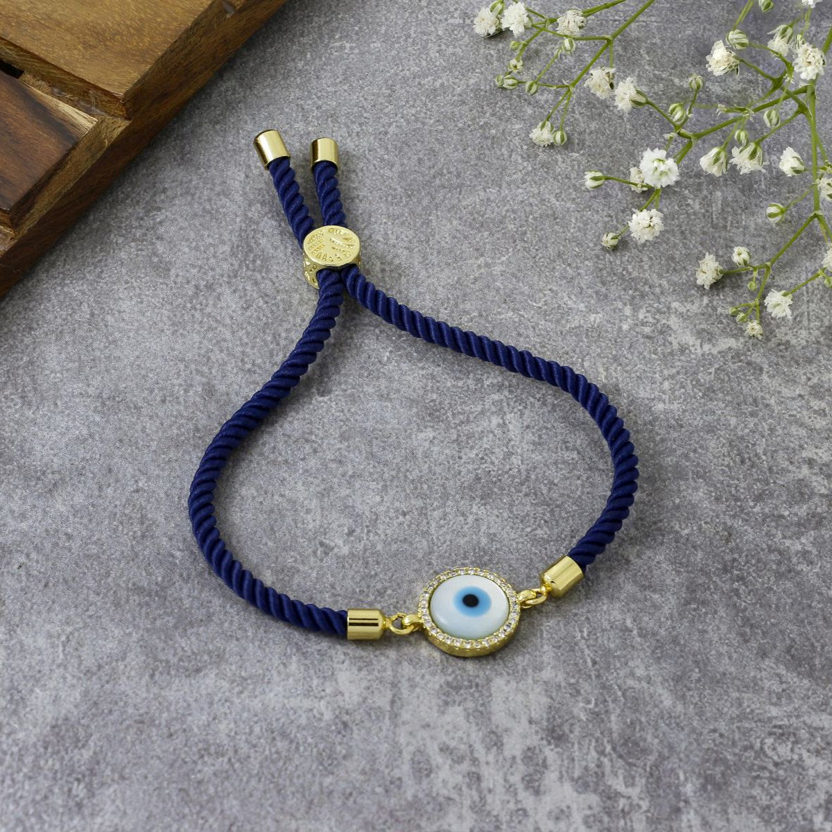 Turkish Evil Eye Baguette Gold Blue CZ Thread Bracelet