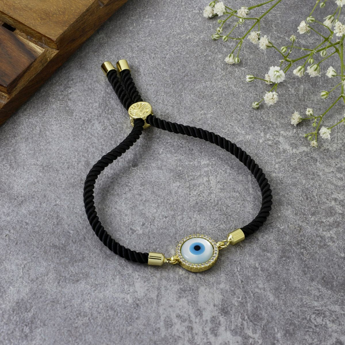 Turkish Evil Eye Baguette Gold Black CZ Thread Bracelet