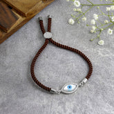 Oval Evil Eye Mother Of Pearl CZ Silver Brown Thread Bracelet
