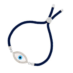 Oval Evil Eye Mother Of Pearl CZ Silver Blue Thread Bracelet