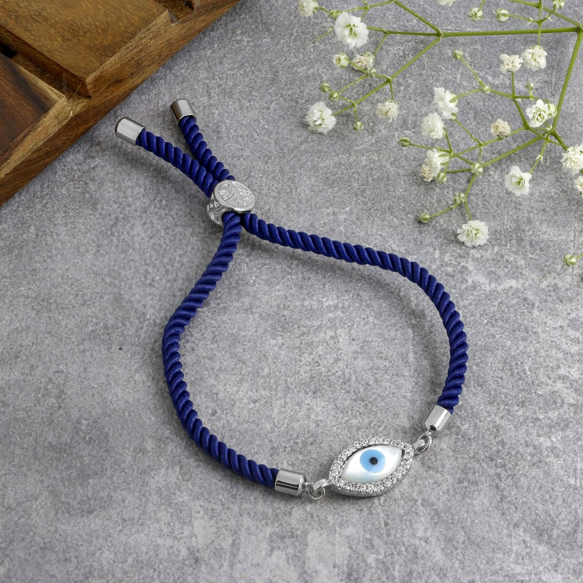 Oval Evil Eye Mother Of Pearl CZ Silver Blue Thread Bracelet
