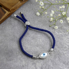 Oval Evil Eye Mother Of Pearl CZ Silver Blue Thread Bracelet