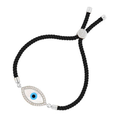 Oval Evil Eye Mother Of Pearl CZ Silver Black Thread Bracelet