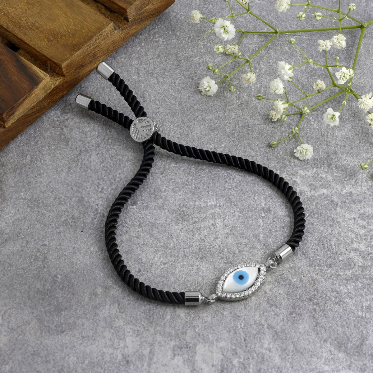 Oval Evil Eye Mother Of Pearl CZ Silver Black Thread Bracelet