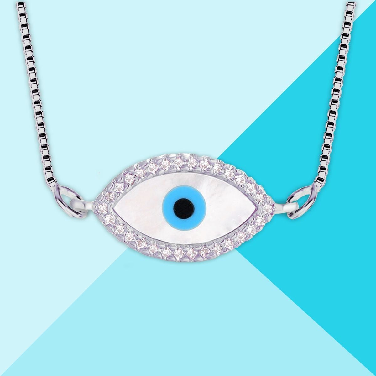 Oval Turkish Evil Eye CZ Silver Necklace Pendant Chain