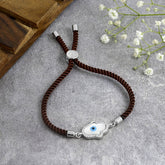 Evil Eye Hamsa Mother Of Pearl Silver Brown CZ Thread Bracelet