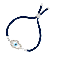Evil Eye Hamsa Mother Of Pearl Silver Blue CZ Thread Bracelet