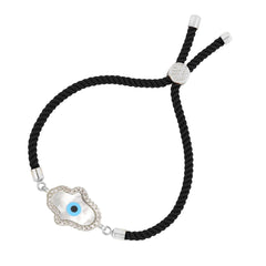 Evil Eye Hamsa Mother Of Pearl Silver Black CZ Thread Bracelet