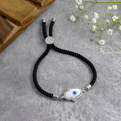 Evil Eye Hamsa Mother Of Pearl Silver Black CZ Thread Bracelet