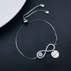 Evil Eye Infinity Silver CZ Medallion Charm Slider Bracelet