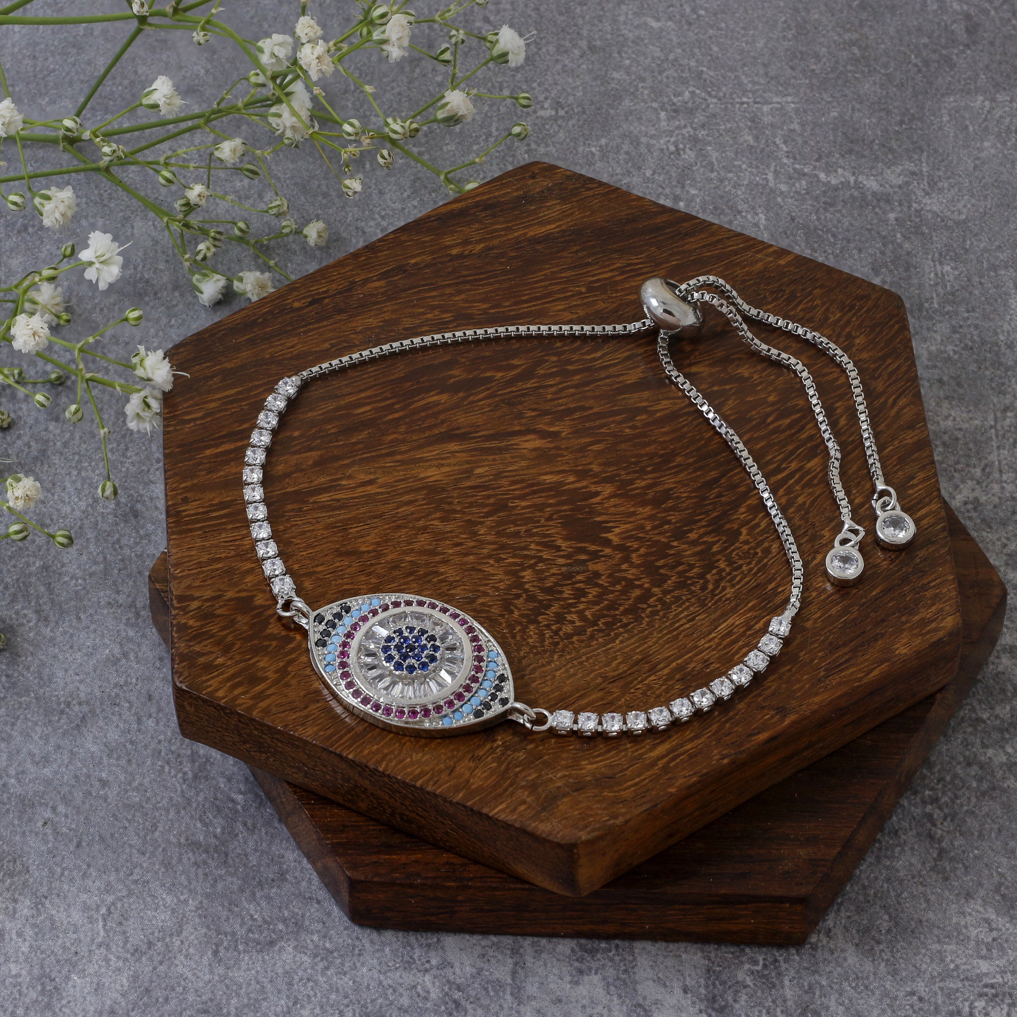 Blue Cubic Zirconia Silver Slider Turkish Evil Eye Bracelet Women
