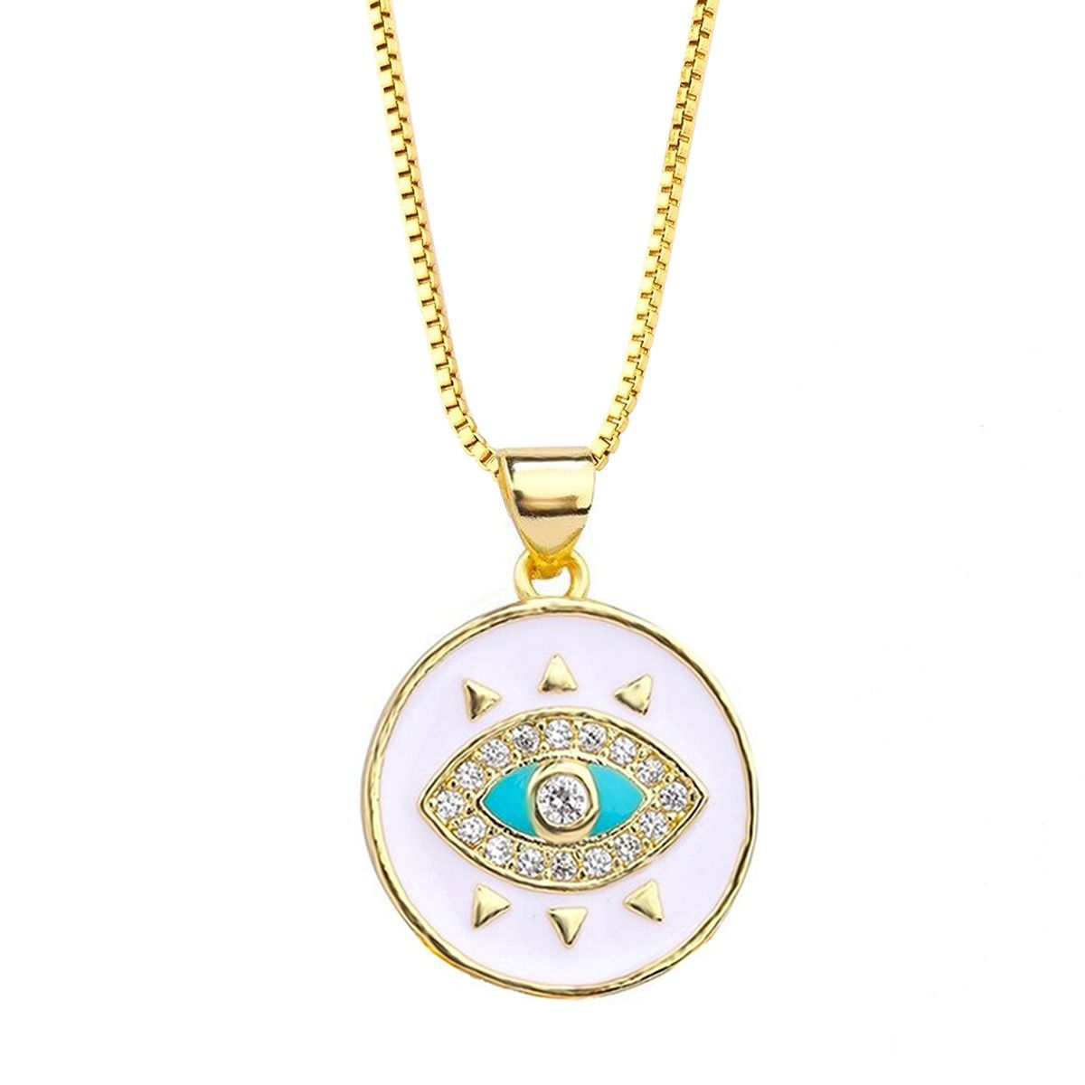 Turkish Evil Eye Medallion White Enamel Necklace Pendant Chain