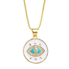 Turkish Evil Eye Medallion White Enamel Necklace Pendant Chain