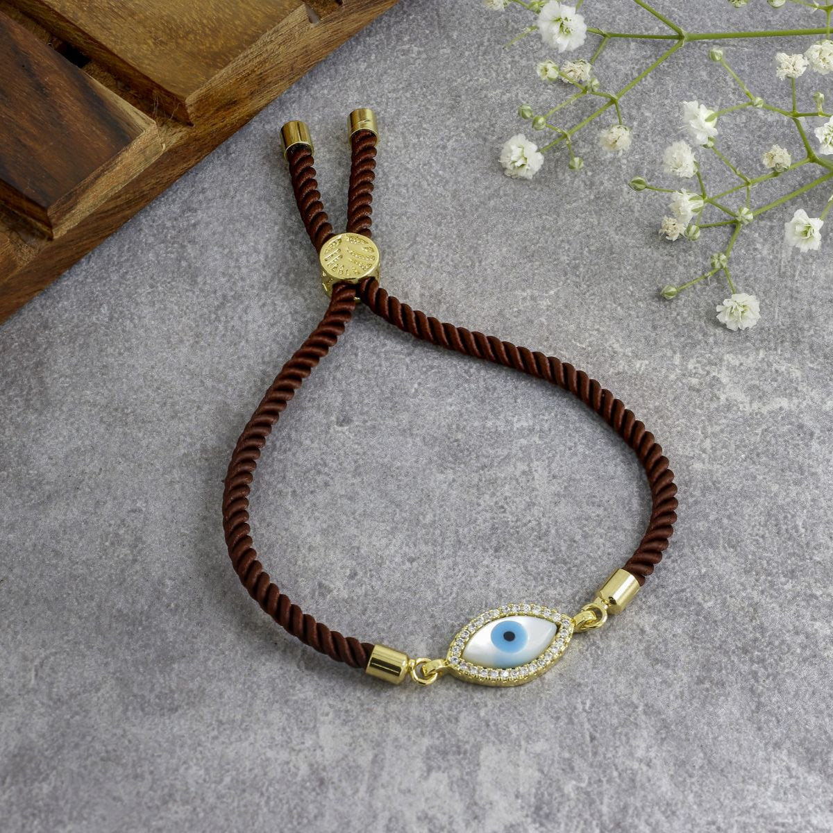 Oval Evil Eye Mother Of Pearl CZ Gold Brown Thread Bracelet