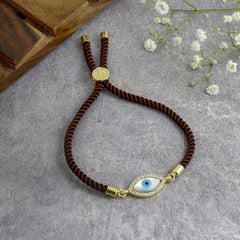 Oval Evil Eye Mother Of Pearl CZ Gold Brown Thread Bracelet