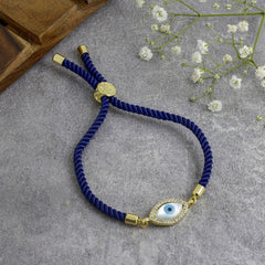 Oval Evil Eye Mother Of Pearl CZ Gold Blue Thread Bracelet
