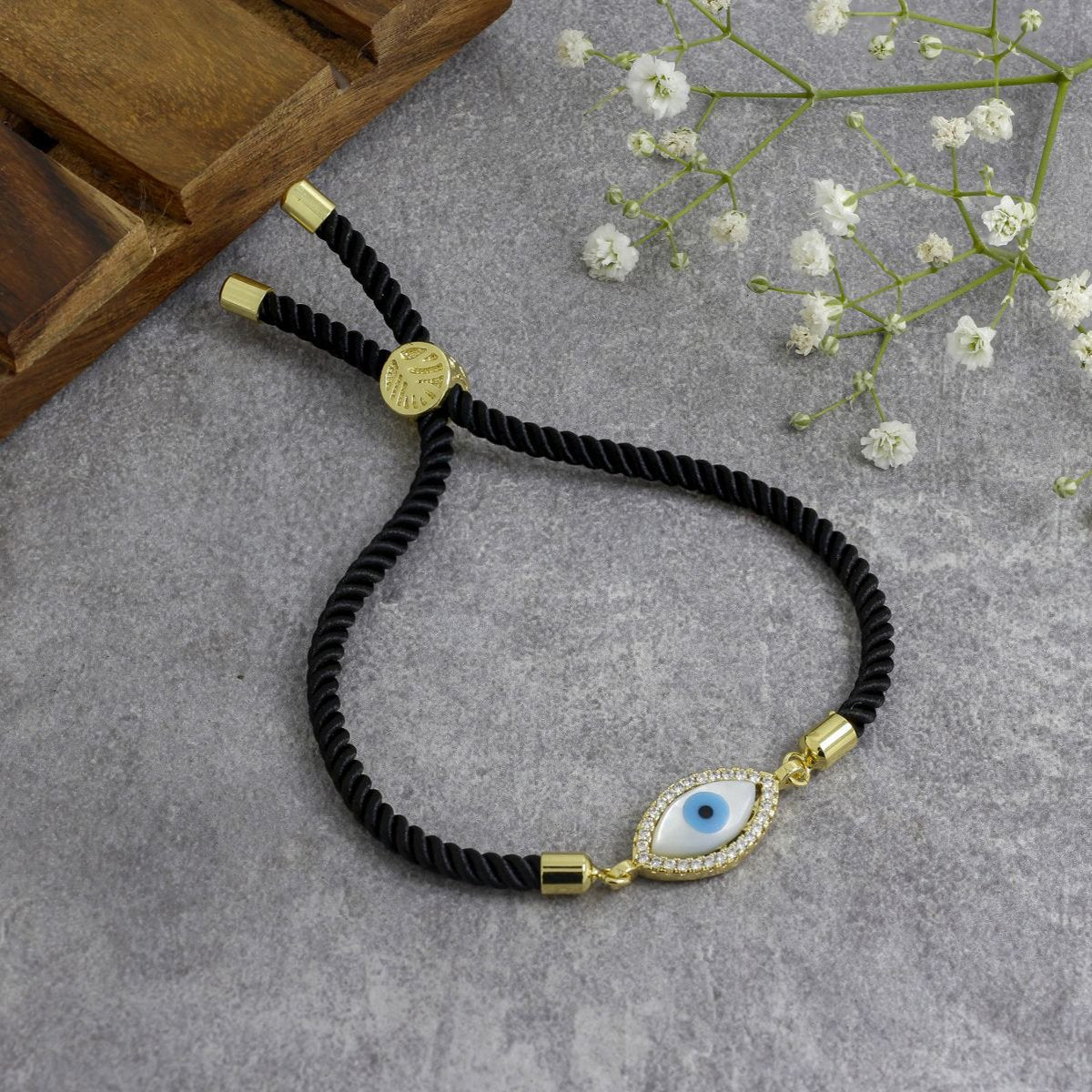 Oval Evil Eye Mother Of Pearl CZ Gold Black Thread Bracelet