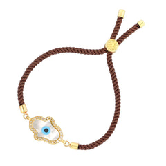 Evil Eye Hamsa Mother Of Pearl 18K Gold Brown CZ Thread Bracelet