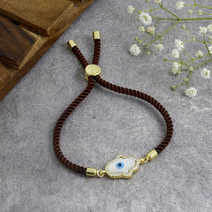 Evil Eye Hamsa Mother Of Pearl 18K Gold Brown CZ Thread Bracelet