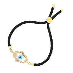 Evil Eye Hamsa Mother Of Pearl 18K Gold Black CZ Thread Bracelet