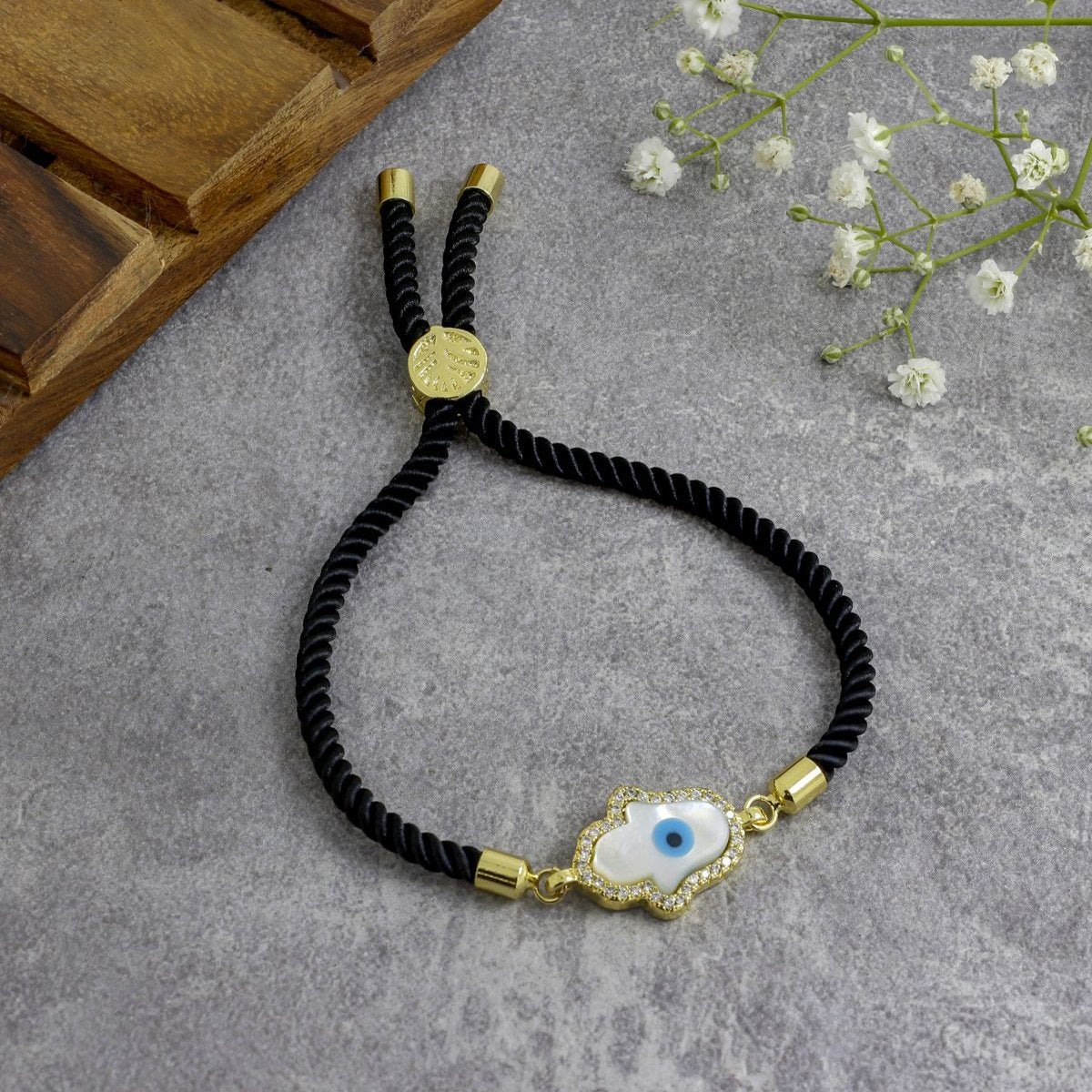 Evil Eye Hamsa Mother Of Pearl 18K Gold Black CZ Thread Bracelet