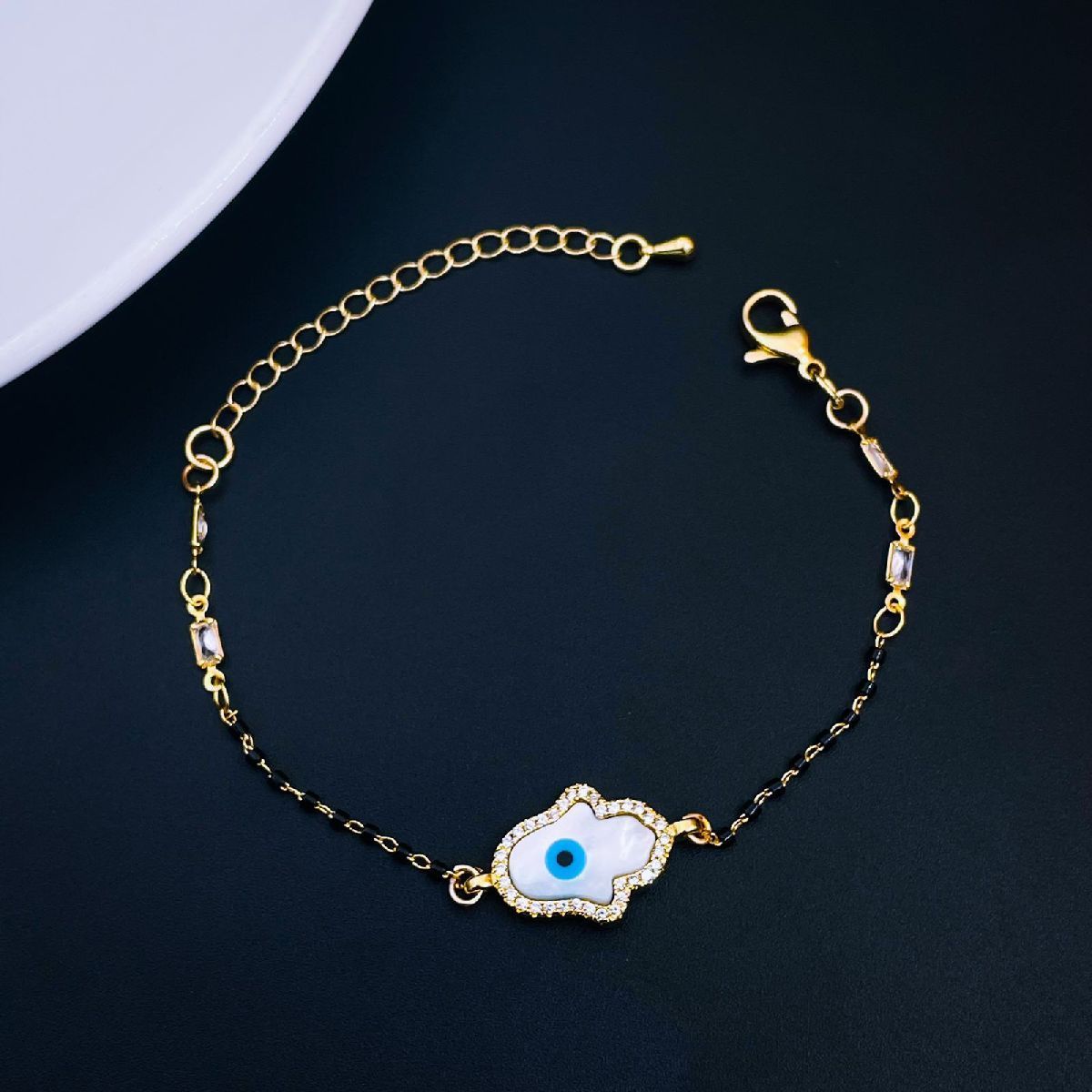 Hamsa Gold Evil Eye CZ Mother Of Pearl Hand Mangalsutra Bracelet