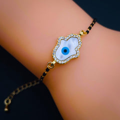 Hamsa Gold Evil Eye CZ Mother Of Pearl Hand Mangalsutra Bracelet