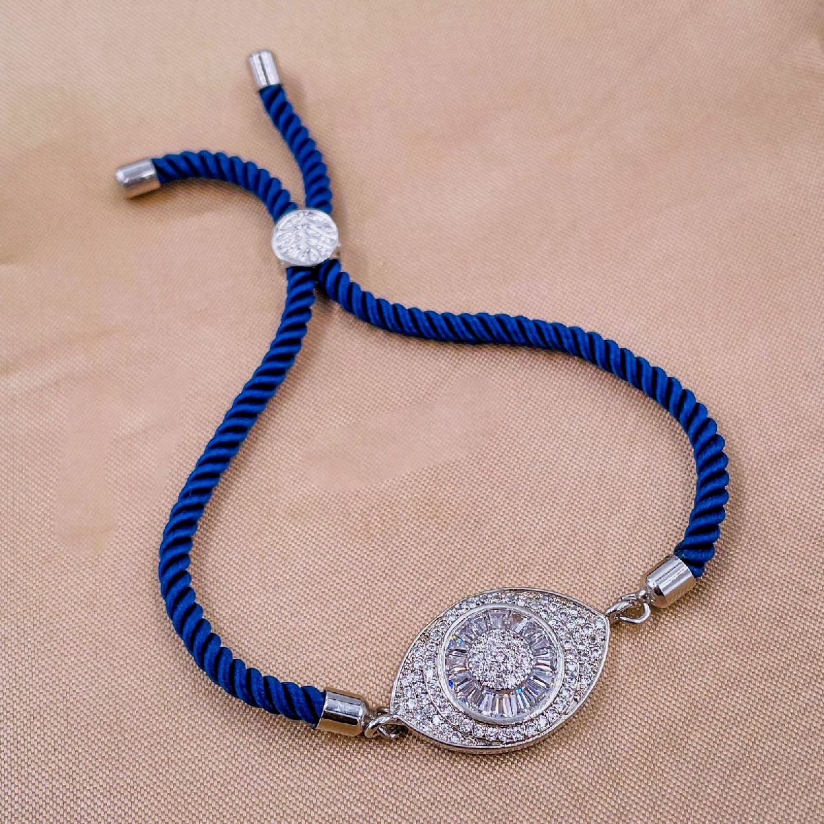 Evil Eye Copper Blue Silver Cubic Zirconia Thread Slider Bracelet