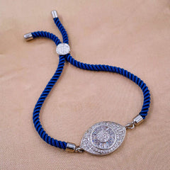Evil Eye Copper Blue Silver Cubic Zirconia Thread Slider Bracelet