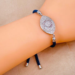 Evil Eye Copper Blue Silver Cubic Zirconia Thread Slider Bracelet