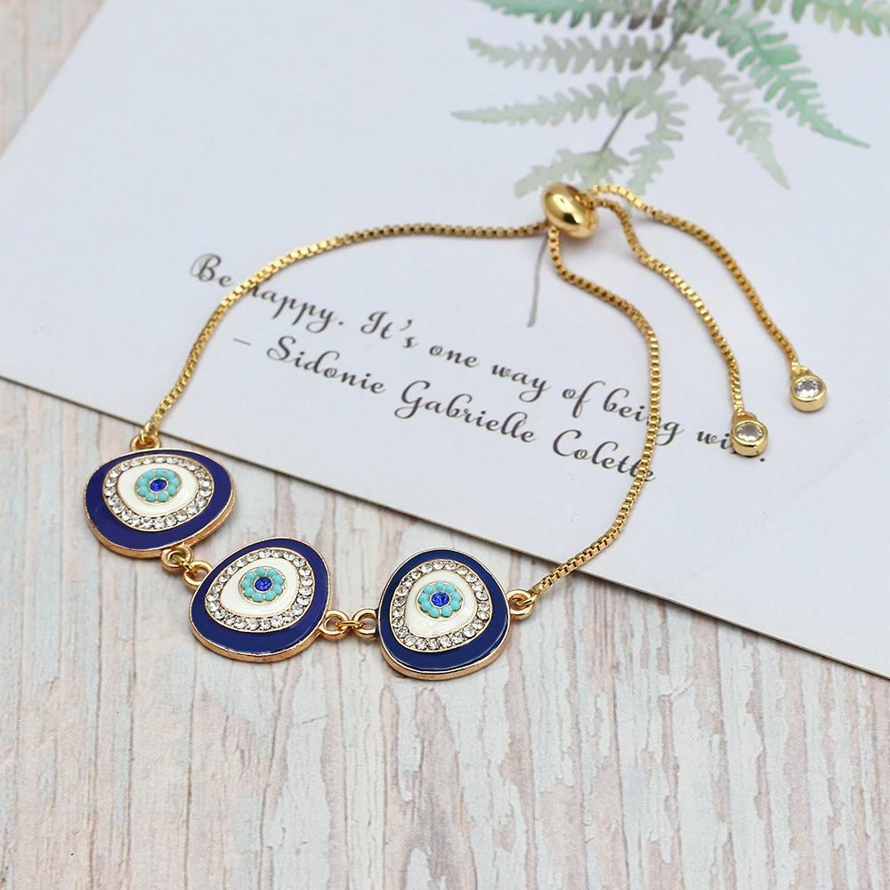 Gold Slider 3 Turkish Evil Eye Bracelet For Women