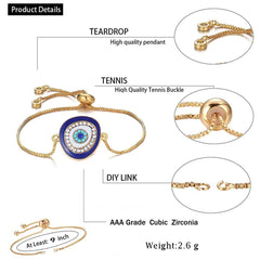 Turkish Blue Evil Eye Cubic Zirconia Gold Adjustable Slider Bracelet