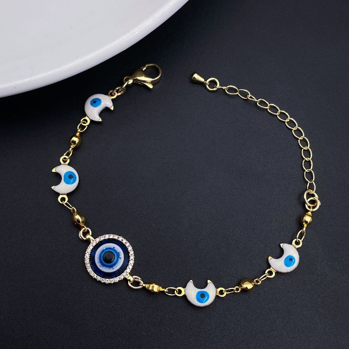 Hamsa Gold Evil Eye Cubic Zirconia Mother of Pearl Hand Mangalsutra Bracelet Women