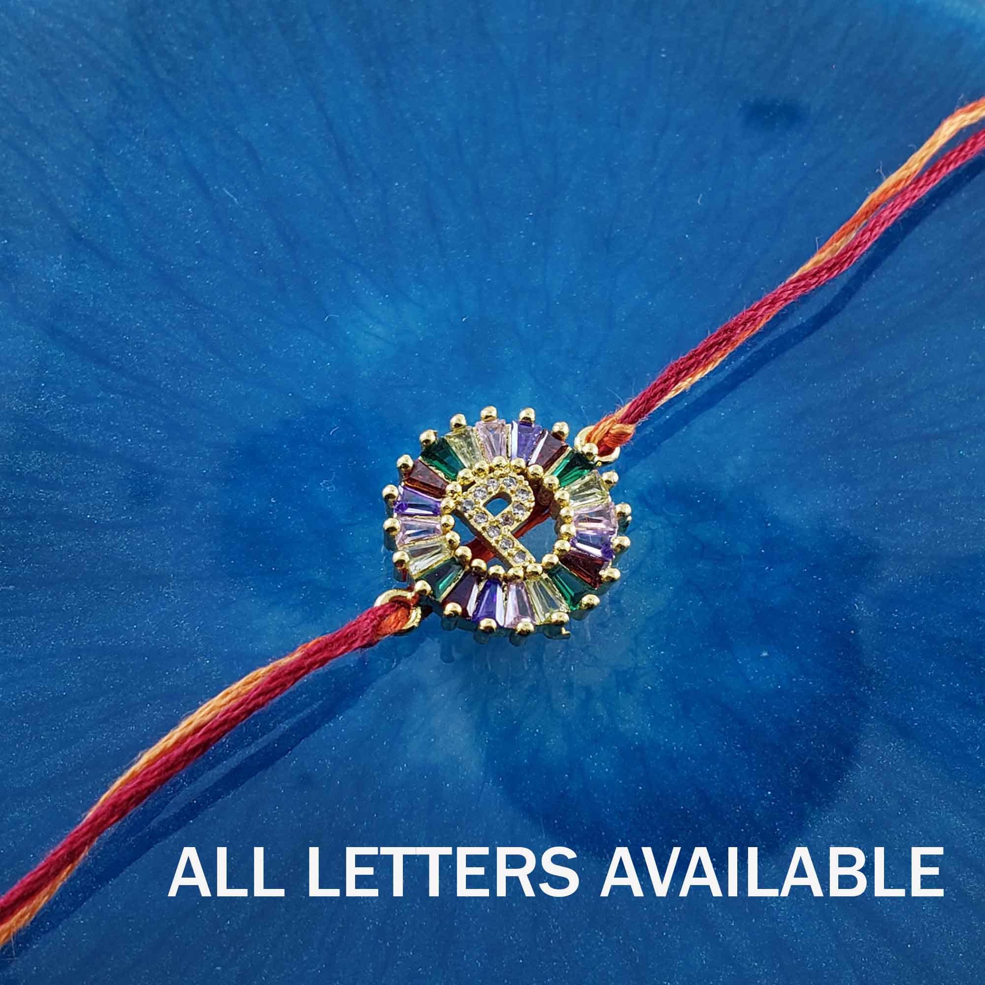 Rainbow Initial Letter Alphabet Gold Cubic Zirconia Thread Rakhi
