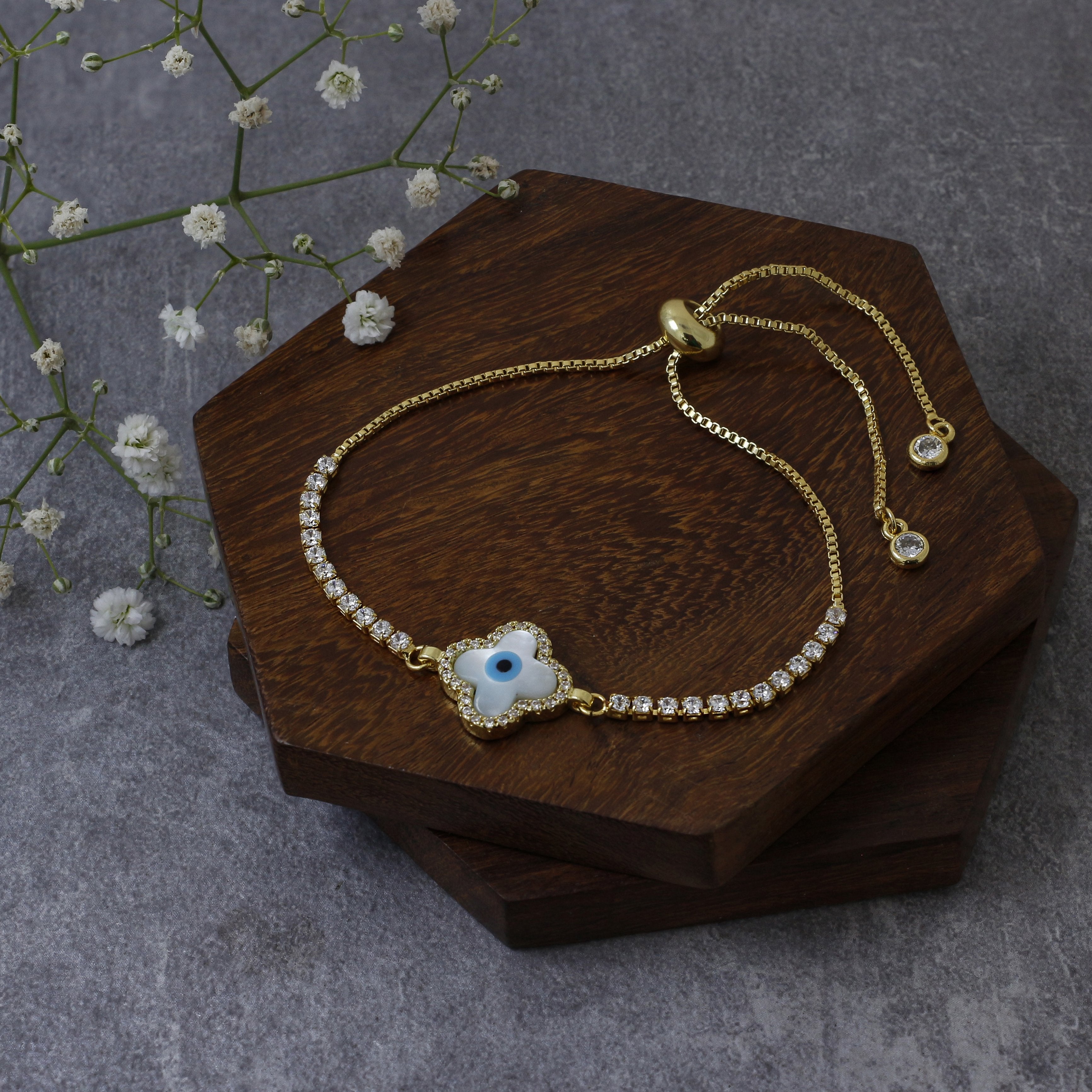 Blue Gold Cubic Zirconia Slider Turkish Evil Eye Bracelet Women