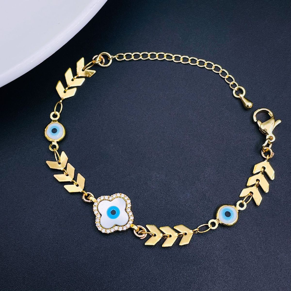 Turkish Blue Evil Eye Cubic Zirconia Gold Hand Mangalsutra Bracelet Women